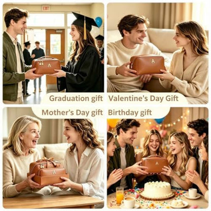Personalized Initial Make Up Bag for Women Teen Girls Toiletry Organizer - color: Brown