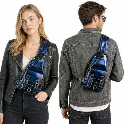 Genuine Leather Hiking Travel DayPack Sling Crossbody Triangle Chest Pack Bag For Men Women 8241 (D-258204 Blue) - color: D-258204 Blue