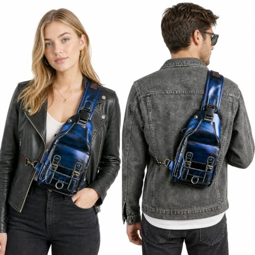 Genuine Leather Hiking Travel DayPack Sling Crossbody Triangle Chest Pack Bag For Men Women 8241 (D-258204 Blue) - color: D-258204 Blue