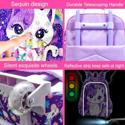 UFNDC 5PCS Kids Suitcase Set for Girls, Cute Sequins Cat Rolling Luggage, Travel Carry-On for Toddlers & Elementary Children - color: Reversible Sequins Cat Luggage 5PCS Set