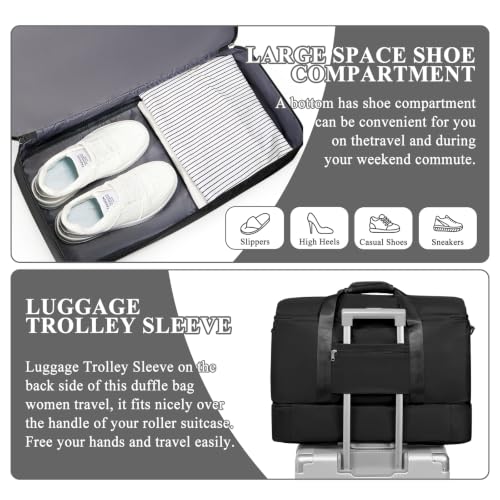 Travel Duffle Bag with Shoe Compartment, Overnight Weekender Bags for Women - color: Black