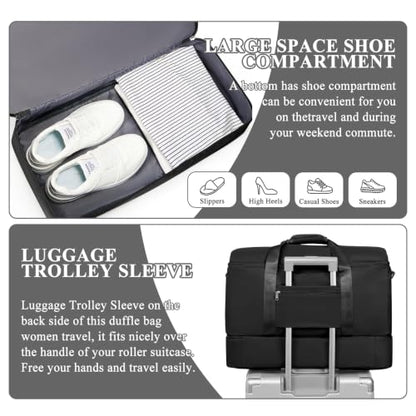 Travel Duffle Bag with Shoe Compartment, Overnight Weekender Bags for Women - color: Black
