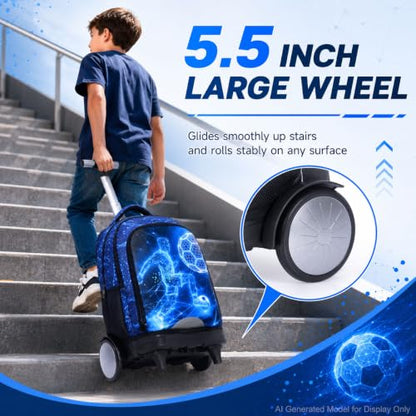 HPJGD Big-Wheel Rolling Backpack for Boys with Lunch Box & Pencil Case - 3-Pack Travel Set Featuring Tech-Style Soccer Player Design, Water-Resistant & Reflective Wheeled Bookbag for School/Trips - color: Cool Rolling Backpack Tech-style Soccer Player