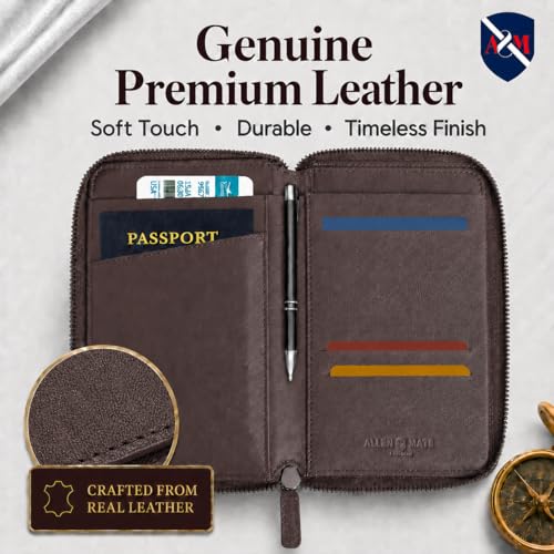 ALLEN & MATE Leather Passport Holder for Travel, RFID Zip Travel Wallet - color: Brown