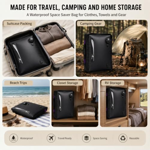 LIL SUB Travel Vacuum Compression Bag, 2-Way Packing Bag with Built-In Hand Pump and External Pump Port, IPX8 Waterproof 70D Nylon, IP68 Airtight Zipper, 22L Space Gray, 1 Pack - color: 22L Black - 1PC Built-In Hand Pump