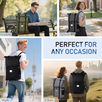 Kasqo Rolltop Backpack, 26L-33L Expandable 15.6” Laptop Backpack for Travel - color: Grey