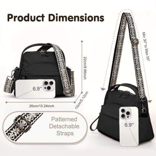 Nylon Top Handle Crossbody Bags for Women with 2 Adjustable Straps - color: Black