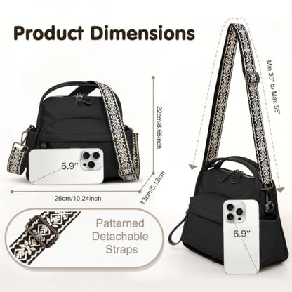 Nylon Top Handle Crossbody Bags for Women with 2 Adjustable Straps - color: Black