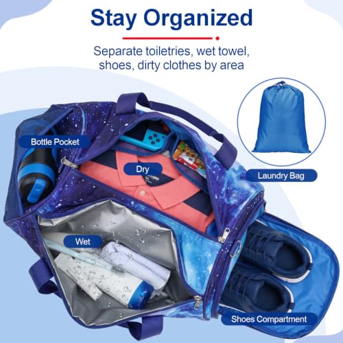 Bagseri Boys Duffle Bag for Travel - Kids Gym Bag with Shoe Compartment - color: B5-Purple Starry Sky, size: Medium - 17.3 x 9 x 9.7 in
