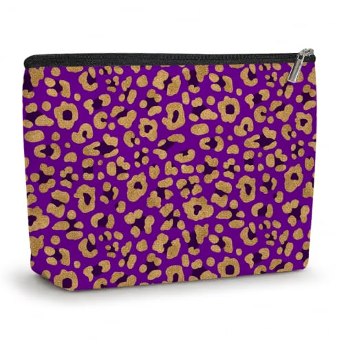 Purple Leopard Print Makeup Bag Cosmetic Bag, Makeup Organizer for Women - color: Purple Gold Black Leopard 582