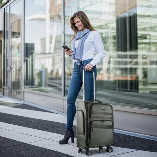KROSER Softside Expandable Carry On Luggage with Front Business Pockets，20 Inch Suitcases with Spinner Wheels & Built-in TSA Lock, Durable Suitcase Rolling Luggage with USB Port, Army Green - color: Army Green-20, size: 20 inch
