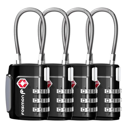 Fosmon TSA Approved Cable Luggage Locks, 3 Digit Combination, 4 Pack - style: 3 Digit black 4 pack