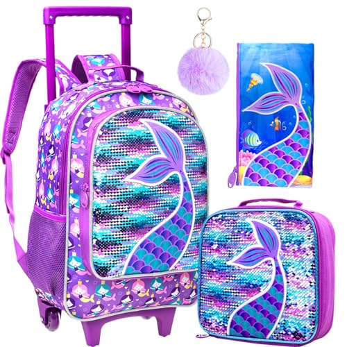 AGSDON 3PCS Rolling Backpack for Girls Boys, Kids Roller Wheels Bookbag, Wheeled School Bag with Lunch Bag - color: Mermaid Upgrade 2