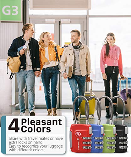 Fosmon TSA Approved Luggage Locks, Cable Suitcase Travel Lock, 3 Digit Long Shackle Combination Padlock, Wire Lock for Gym Locker, Backpack Anti Theft - style: 4 Pack - Multicolor