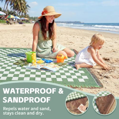 RYCHIC 2 in 1 Extra Large Outdoor Rug Picnic Blanket Camping Mat Lightweight Oversized Giant Turkish Boho Beach Mexican Serape Cobijas Mexicanas para Mesa Park Stadium Outside Festival Grass Hammock - color: Checkered Red