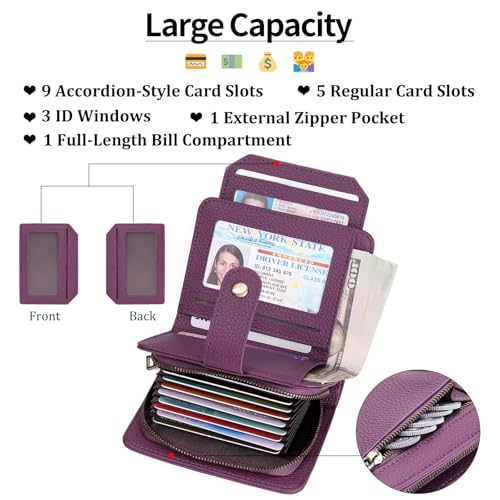 GAEKEAO Small Leather Credit Card Holder Wallets for Women RFID Blocking Bifold Wallet Zipper Pocket with Removable ID Window - color: Y-Purple-Small