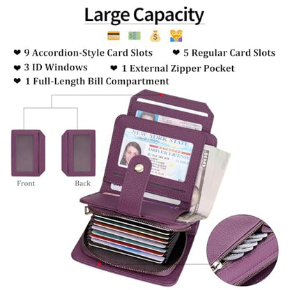 GAEKEAO Small Leather Credit Card Holder Wallets for Women RFID Blocking Bifold Wallet Zipper Pocket with Removable ID Window - color: Y-Purple-Small
