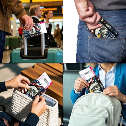 RFID Security Premium Passport and Travel Document Holder Combo, Slim PU Leather Folio Wallet with 3 Card Slots & Boarding Pass Pocket, Secure Elastic Closure Organizer, American Flag Eagle - color: American Flag Eagle