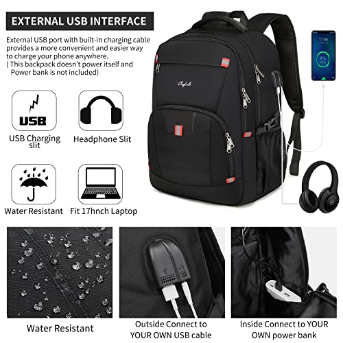 CAFELE 17.3 inch Laptop Backpack,Large Backpack Computer Bookbag Rucksack with USB Charging Port,Water Resistant Sturdy Backpack for Business College School Travel,Men Women Casual Daypack,Black - color: Black