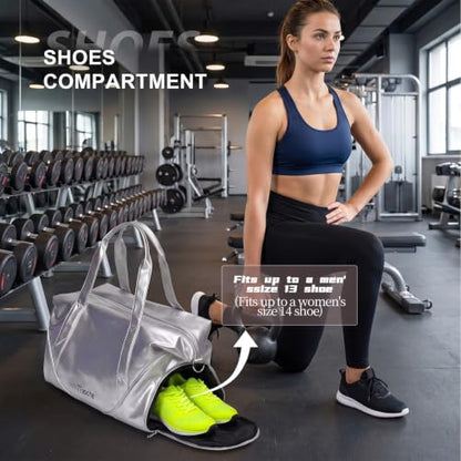 Gym Bag for Women Men, Expandable Travel Duffel Bag with Shoe Compartment - color: Silver