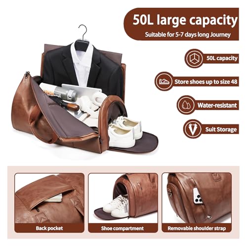 PU Leather Garment Bag, Convertible Garment Duffel Bag for Travel Mens Suit Bag 2 in 2 Waterproof Foldable Carry on Garment Bag with Shoulder Strap Weekender Bag with Shoe Pouch - color: PU-Brown
