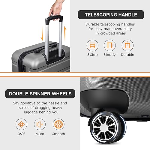 Luggage Sets Hardside Lightweight Suitcase with Spinner Wheels TSA Lock, 3-Piece Set (20/24/28) - color: Silver