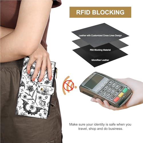 Travelambo RFID Wallet Women Large Size Bifold Multi Card Wallet Case with Zipper Pocke Credit Card Holder for Women - color: Black Bat