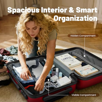 3-Piece Luggage Set with Carry On Luggage Set 22x14x9 Airline Approved, ABS Hardside Suitcase with 8 Spinner Wheels & TSA Lock, Expandable Suitcase for Men & Women (20/TB/DB Red) - color: Red, size: (20/DB/TB)-Expandable