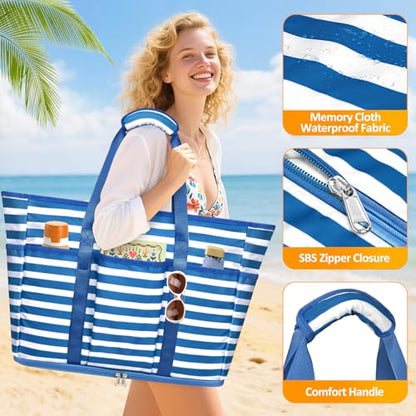 Large Beach Bag with Zipper, 12 Pockets Waterproof Sandproof Pool Bag Womens Mesh Beach Tote Bag for Travel Vacation - color: Navy Blue