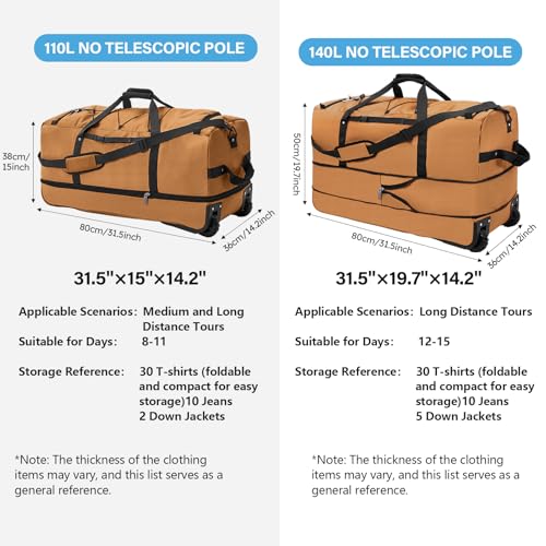 Vomgomfom Wheeled Collapsible Duffel Bag 110L-140L Expandable,Brown - color: Brown