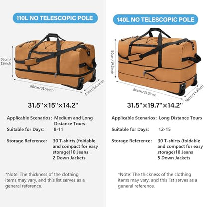 Vomgomfom Wheeled Collapsible Duffel Bag 110L-140L Expandable,Brown - color: Brown