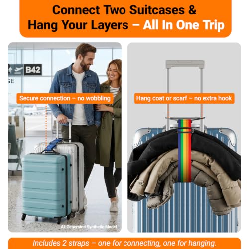 2 Pack Luggage Connector Straps–Add A Bag Hands-Free Suitcase Connector - color: Orange
