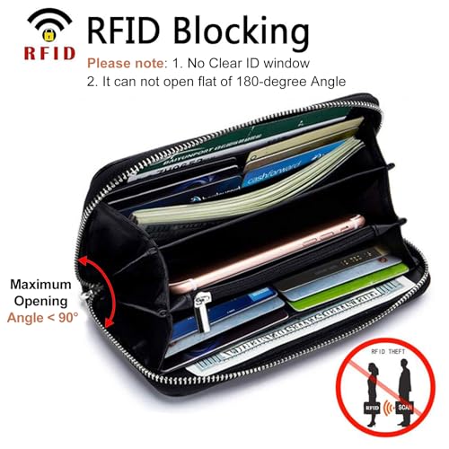 Moflycom Womens Wallet RFID Blocking Genuine Leather Zip Clutch Wristlet - color: Black