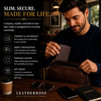 Leatherboss Genuine Leather Slim Thin Credit Debit Card ID Mini Holder Bifold Wallet Driver License Safe Holder, Dark Brown - color: Dark Brown