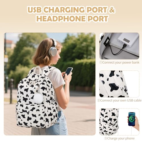 ACESAK 3PCS Corduroy Girls Backpack w/Lunch Box & Pencil Bag (Cow Print) - color: Milk Cow