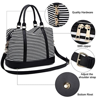 CAMTOP Women Ladies Travel Bag Canvas Weekend Overnight Carry On Luggage Bags - color: B-Stripe -Black