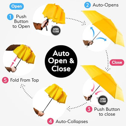 TUMELLA Strongest Windproof Travel Umbrella (Compact, 100MPH Wind-Tested), Light, Portable, One-Handed Use, Automatic Folding Rain Umbrella, Durable, Premium Grip, Fits Car & Backpack - color: 1-pack Yellow