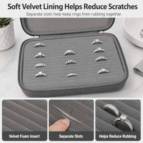 GWCASE Ring Organizer Box, 42-Slot Hard Shell Case, Holds 50+ Pieces, Gray - color: charcoal gray