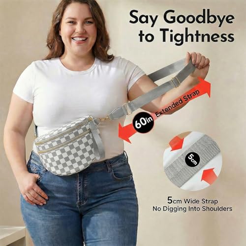 Checkered Crossbody Bags for Women Large Belt Bum Bag Nylon Fanny Packs with Adjustable Strap(Gray Checkered) - color: Gray Checkered