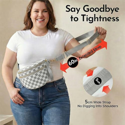 Checkered Crossbody Bags for Women Large Belt Bum Bag Nylon Fanny Packs with Adjustable Strap(Gray Checkered) - color: Gray Checkered