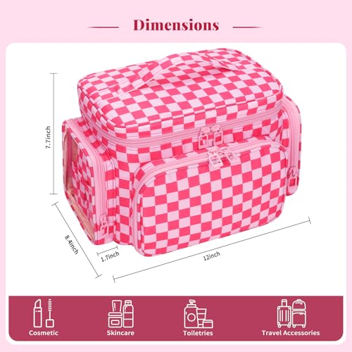 Bagmoly Large Makeup Bag, Travel Makeup Cosmetic Bag for Girls, Hotpink - color: 04-Hotpink Checkerboard, size: Medium