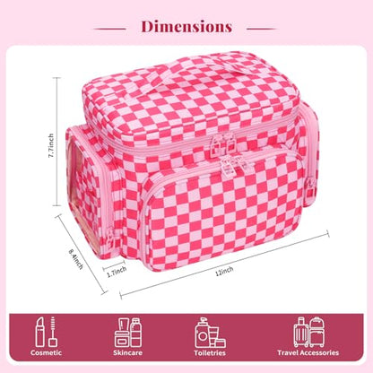 Bagmoly Large Makeup Bag, Travel Makeup Cosmetic Bag for Girls, Hotpink - color: 04-Hotpink Checkerboard, size: Medium