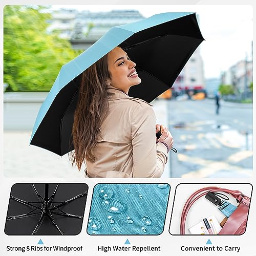 Yoobure Windproof Automatic Travel Umbrella, Compact Folding UV Sun & Rain | One-touch auto open close, windproof frame withstands storms, UV protection fabric, lightweight for backpack car daily use - color: Auto-Sky Blue