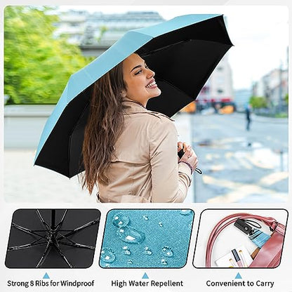 Yoobure Windproof Automatic Travel Umbrella, Compact Folding UV Sun & Rain | One-touch auto open close, windproof frame withstands storms, UV protection fabric, lightweight for backpack car daily use - color: Auto-Sky Blue