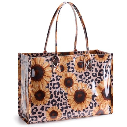 KALIDI PVC Tote Bag Women’s Kraft Paper Work Handbags Purses with Top Handle - color: Leopard Sunflower