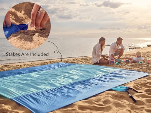 WEKAPO Beach Blanket Sandproof Waterproof, Extra Large Beach Mat, Oversized & Compact Sand Free, Quick Drying Beach Essentials for Vacation, Cruise, Picnic & Camping with Stakes - color: Blue, size: 9x10 FT (1～8 person)