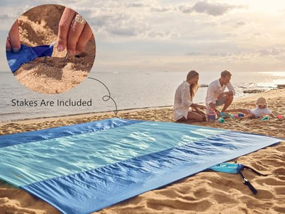 WEKAPO Beach Blanket Sandproof Waterproof, Extra Large Beach Mat, Oversized & Compact Sand Free, Quick Drying Beach Essentials for Vacation, Cruise, Picnic & Camping with Stakes - color: Blue, size: 9x10 FT (1～8 person)