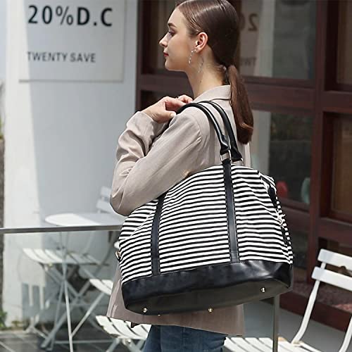 CAMTOP Women Ladies Travel Bag Canvas Weekend Overnight Carry On Luggage Bags - color: B-Stripe -Black
