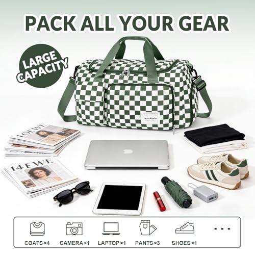 WOOMADA Foldable Travel Duffel Bag for Women, Weekender Bags with Shoes Compartment,Overnight Bag with Wet Pocket & Trolley Sleeve(green checkerboard) - color: green checkerboard