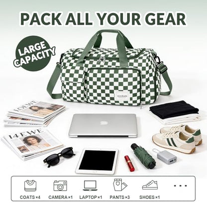 WOOMADA Foldable Travel Duffel Bag for Women, Weekender Bags with Shoes Compartment,Overnight Bag with Wet Pocket & Trolley Sleeve(green checkerboard) - color: green checkerboard